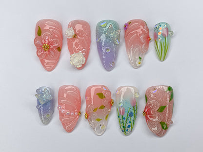 Dreamy Flowers Press On Nails Almond | Jelly Pastel Tulip Nail Art | 3D FairyCore Flower Press Ons | Romantic Nail Art in Fake Nails | J418S