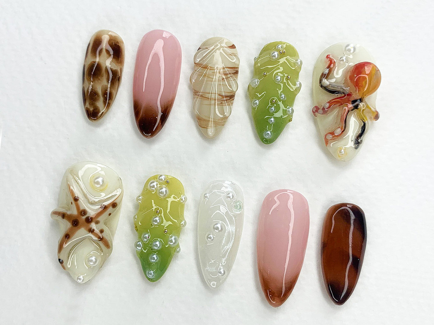 Jelly Ocean-Inspired Press On Nails Almond | 3D Beach Theme with Seashells and Mermaid Design | Handmade Press Ons for Summer Vibes | J400A