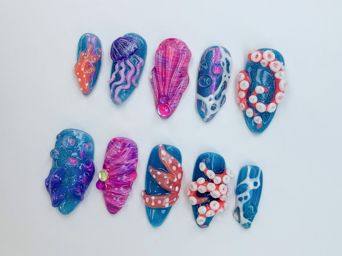 Ocean-Inspired 3D Press On Nails | 3D Jellyfish and Floral Art | Hand-Painted Underwater Press On Nails | Beautiful Ocean-Themed | J474SL