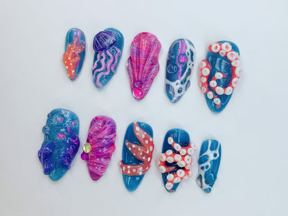 Ocean-Inspired 3D Press On Nails | 3D Jellyfish and Floral Art | Hand-Painted Underwater Press On Nails | Beautiful Ocean-Themed | J474SL