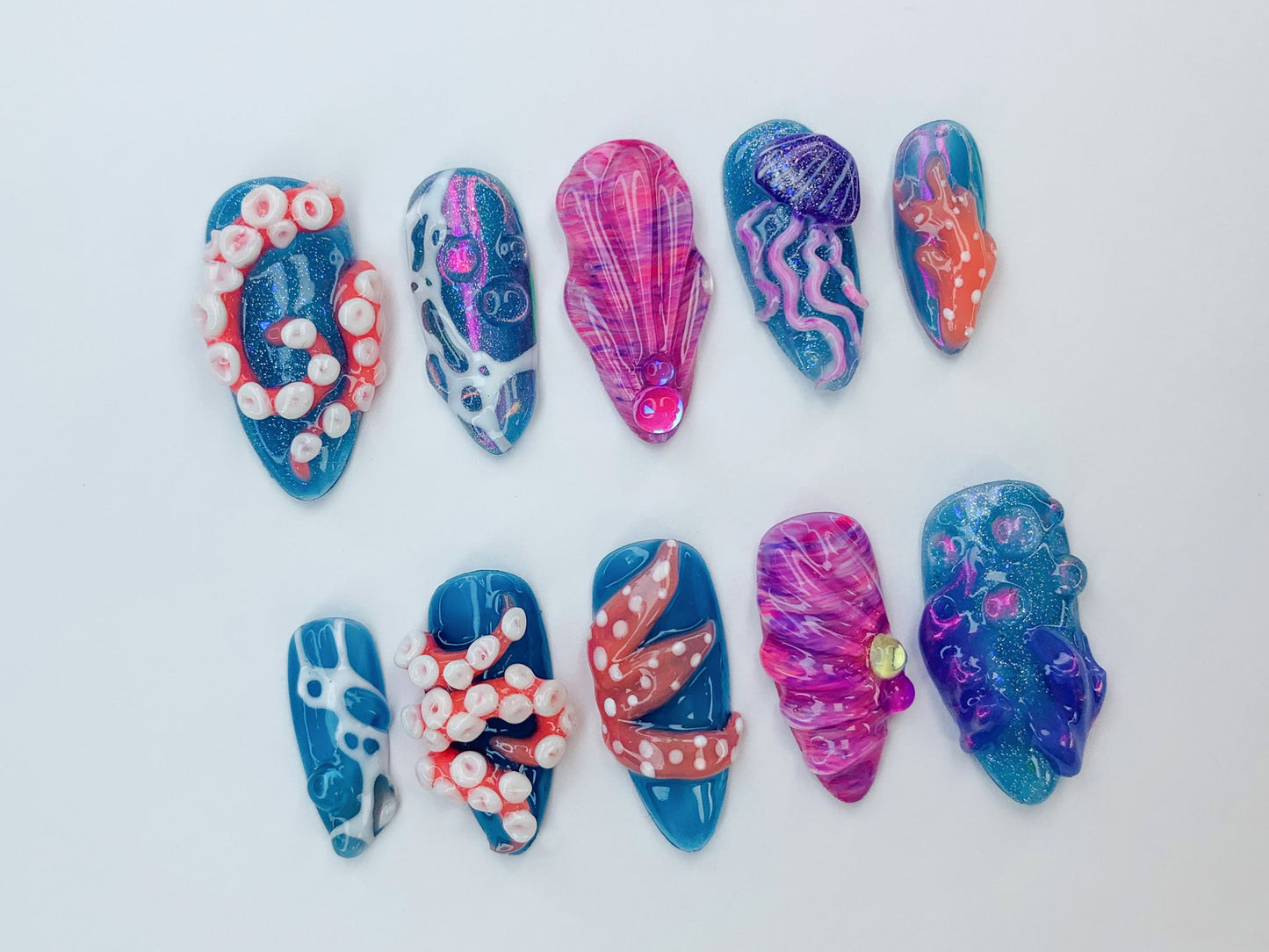 Ocean-Inspired 3D Press On Nails | 3D Jellyfish and Floral Art | Hand-Painted Underwater Press On Nails | Beautiful Ocean-Themed | J474SL