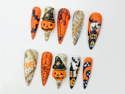 Spooky Halloween Press On Nails | 3D Blood Drip and Pumpkin Press On Set | Creepy Cute Halloween Nails | Scary Holiday Almond Nails | J479S