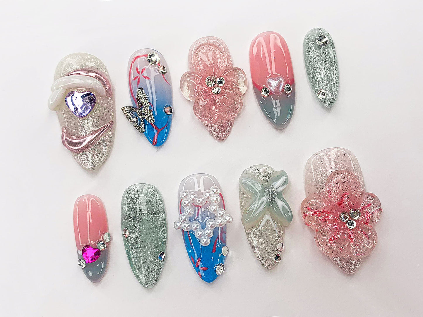 Custom Flower Press On Nails | Party Floral Nail Set | Flakes For Nails | Long nails/Almond nails | Handmade Unique Fake Nails | J360A