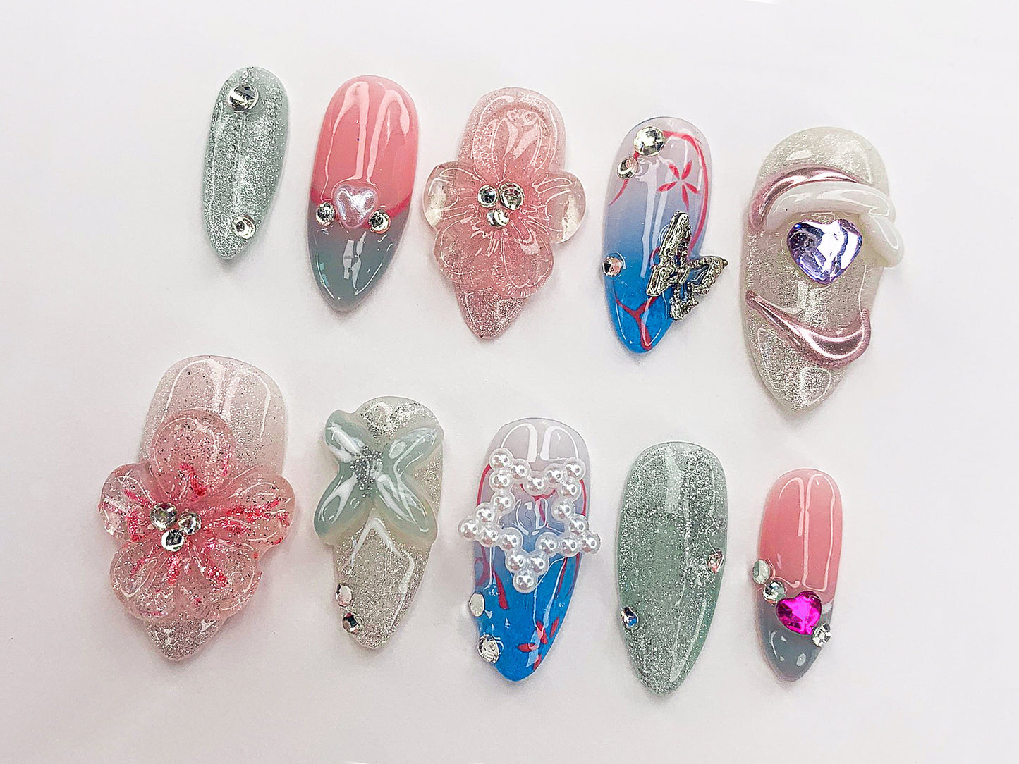 Custom Flower Press On Nails | Party Floral Nail Set | Flakes For Nails | Long nails/Almond nails | Handmade Unique Fake Nails | J360A