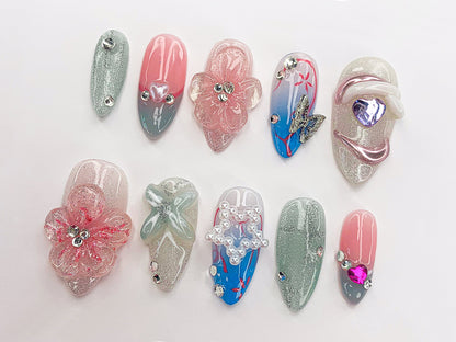 Custom Flower Press On Nails | Party Floral Nail Set | Flakes For Nails | Long nails/Almond nails | Handmade Unique Fake Nails | J360A