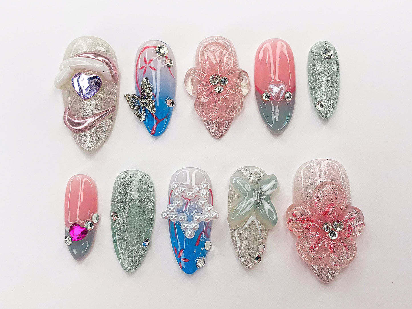 Custom Flower Press On Nails | Party Floral Nail Set | Flakes For Nails | Long nails/Almond nails | Handmade Unique Fake Nails | J360A