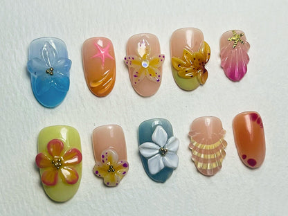 Jelly Floral Press On Nails Almond | 3D Orchad Flower, Oceanic, Mermaid Nail Art | Dreamy Handmade Press On Nails for Summer Vibes | J406A