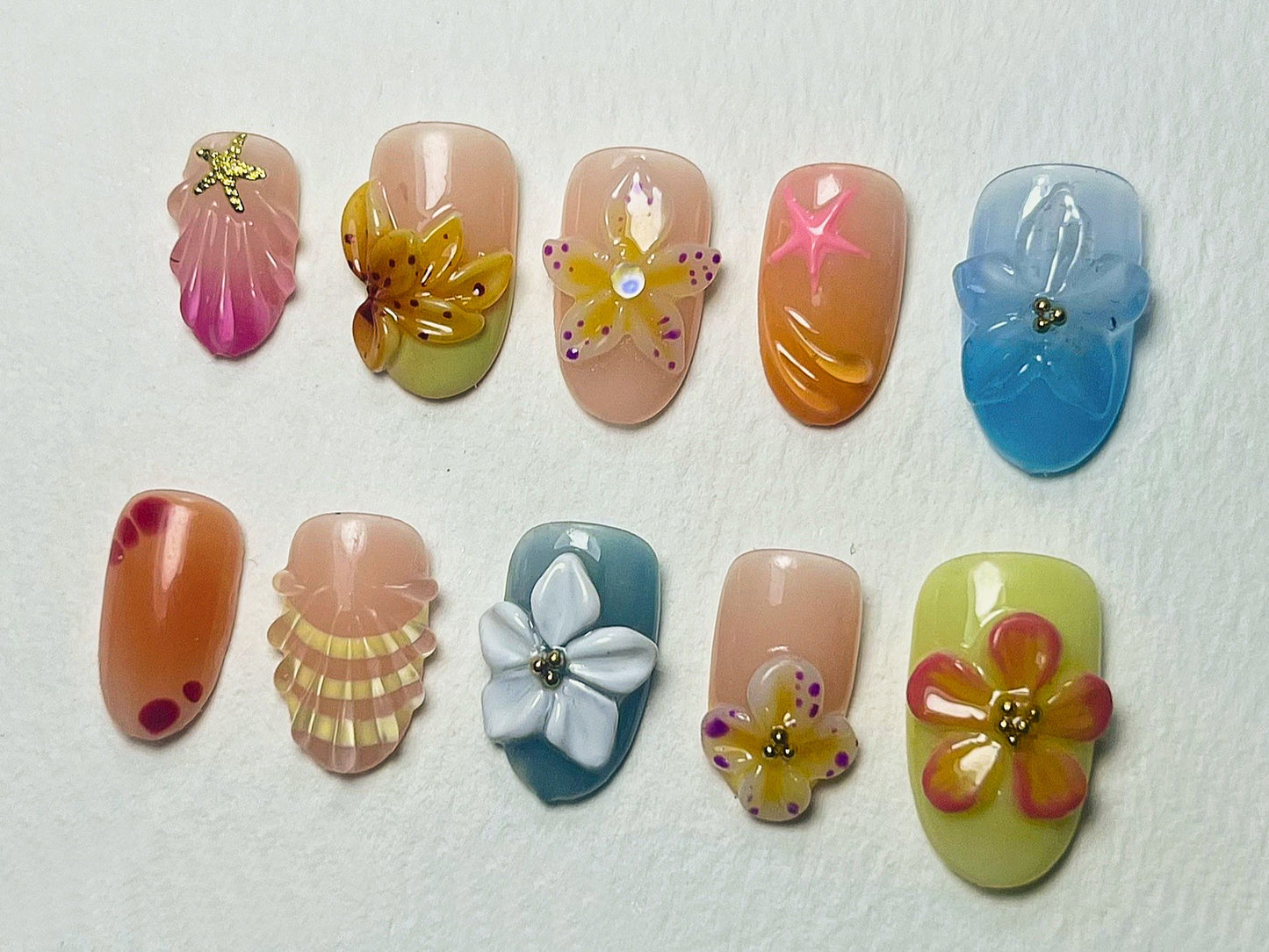 Jelly Floral Press On Nails Almond | 3D Orchad Flower, Oceanic, Mermaid Nail Art | Dreamy Handmade Press On Nails for Summer Vibes | J406A