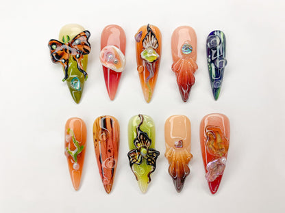 Butterfly Garden Press On Nails | Vibrant Floral Nail Art | Nature-Inspired Nail Set | Butterfly & Bloom Nails | Colorful Spring Nail|J441SG