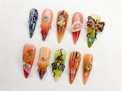 Butterfly Garden Press On Nails | Vibrant Floral Nail Art | Nature-Inspired Nail Set | Butterfly & Bloom Nails | Colorful Spring Nail|J441SG