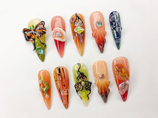 Butterfly Garden Press On Nails | Vibrant Floral Nail Art | Nature-Inspired Nail Set | Butterfly & Bloom Nails | Colorful Spring Nail|J441SG