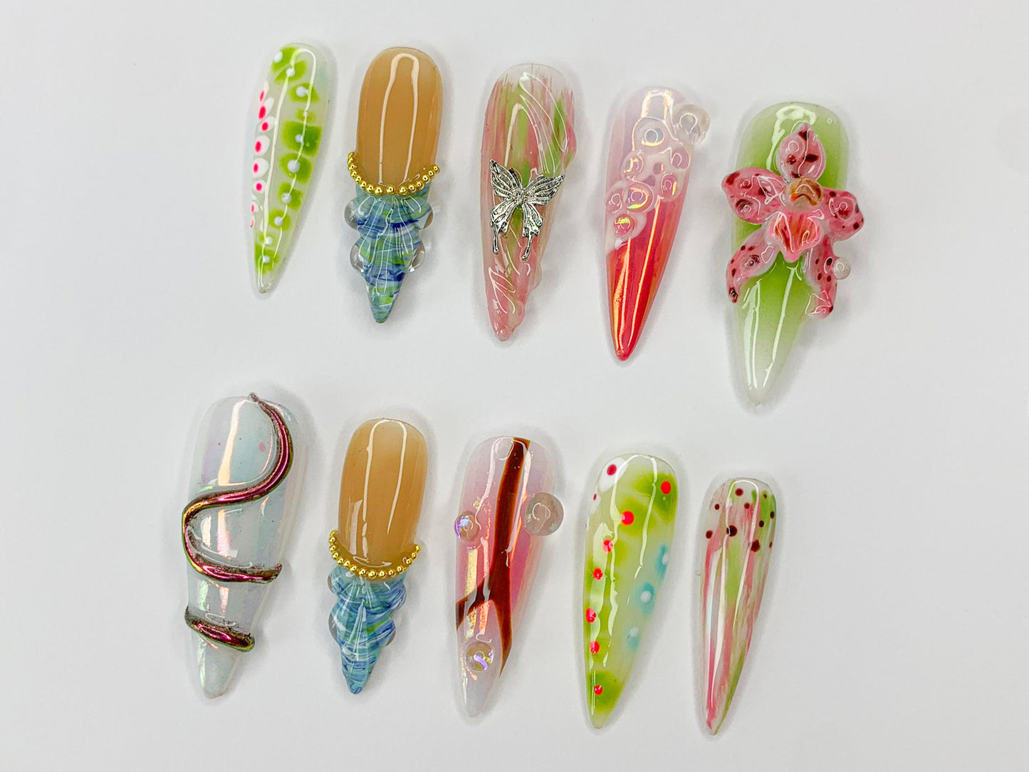 Vibrant Floral Press On Nails | Hand-Painted 3D Flowers, Butterflies, Colorful Designs | Perfect for Spring & Summer | J443SM