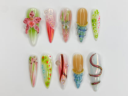 Vibrant Floral Press On Nails | Hand-Painted 3D Flowers, Butterflies, Colorful Designs | Perfect for Spring & Summer | J443SM