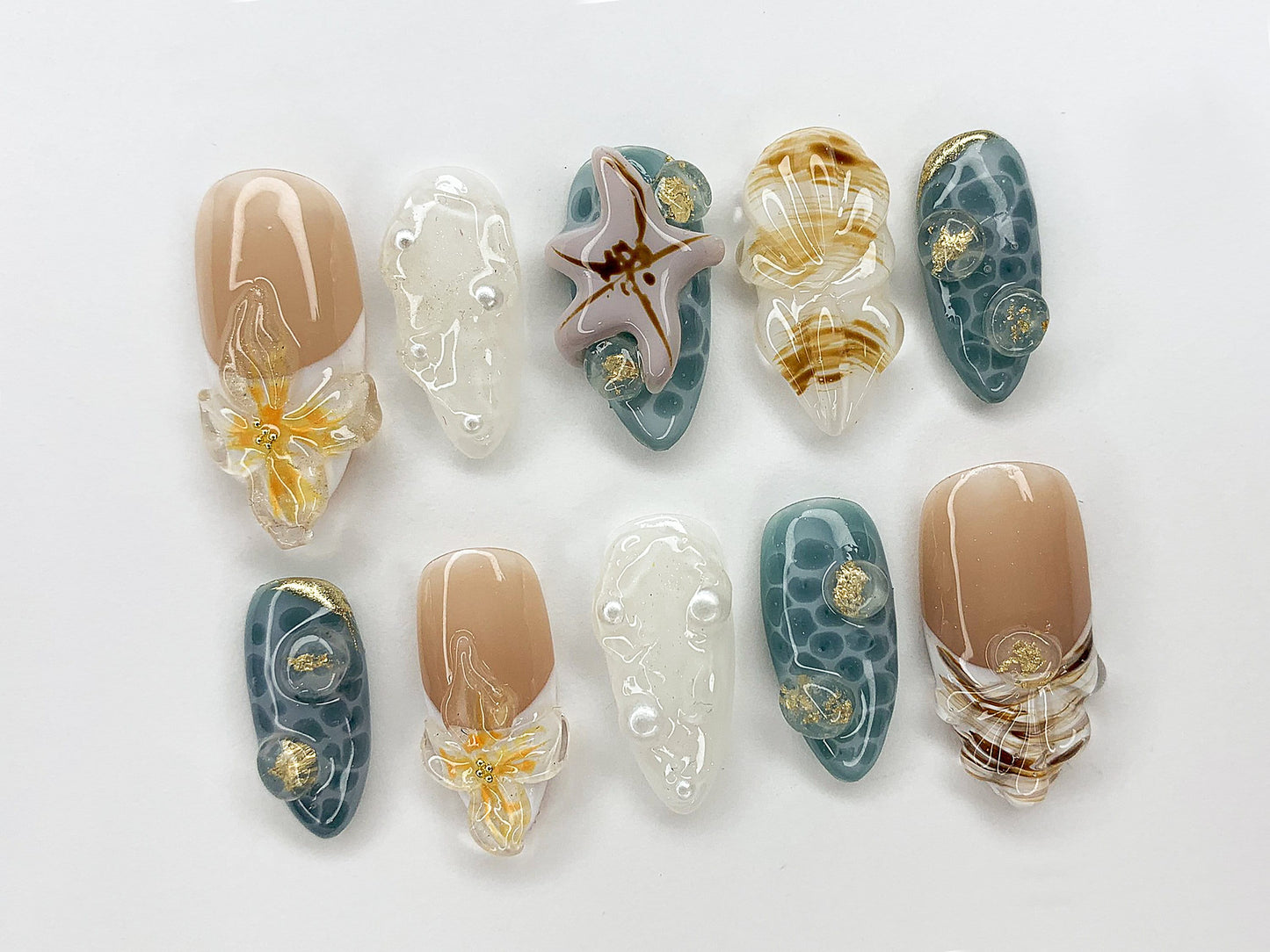 Ocean-Inspired Press On Nails Almond | 3D Beach Theme with Seashells and Starfish | Handmade Pearls Press On Nails for Summer Vibes | J393A