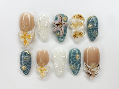 Ocean-Inspired Press On Nails Almond | 3D Beach Theme with Seashells and Starfish | Handmade Pearls Press On Nails for Summer Vibes | J393A