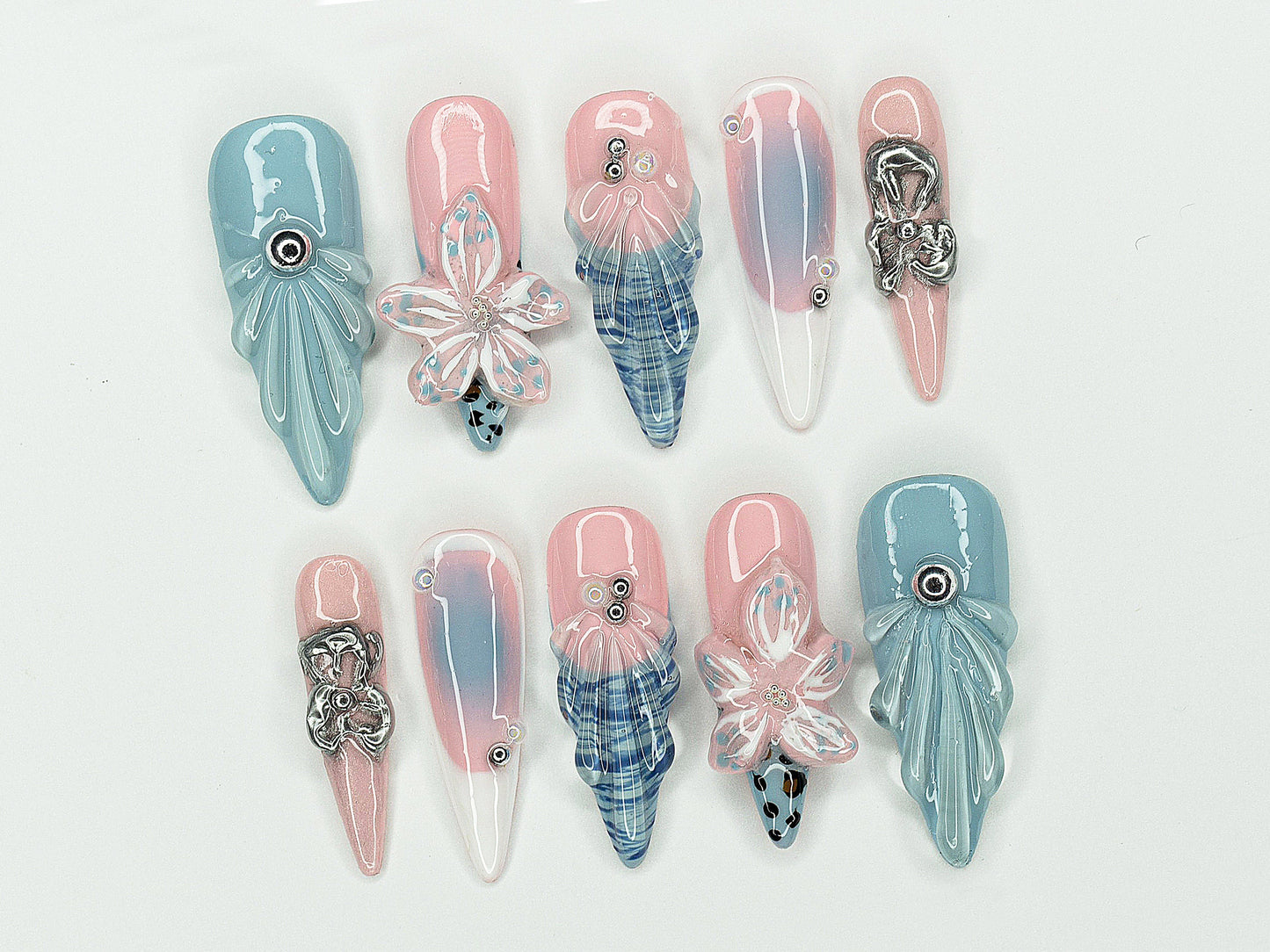 Jelly Ocean-Inspired Press On Nails Almond | 3D Beach Theme with Seashells and Flower | Handmade Press On Nails for Summer Vibes | J337AV