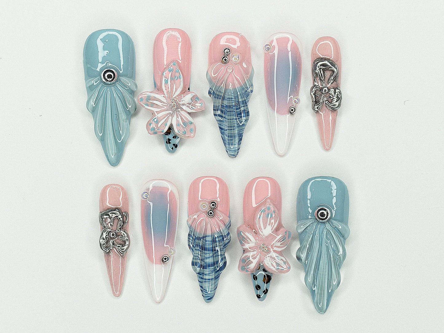 Jelly Ocean-Inspired Press On Nails Almond | 3D Beach Theme with Seashells and Flower | Handmade Press On Nails for Summer Vibes | J337AV