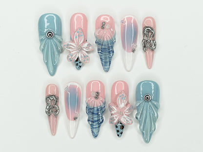 Jelly Ocean-Inspired Press On Nails Almond | 3D Beach Theme with Seashells and Flower | Handmade Press On Nails for Summer Vibes | J337AV