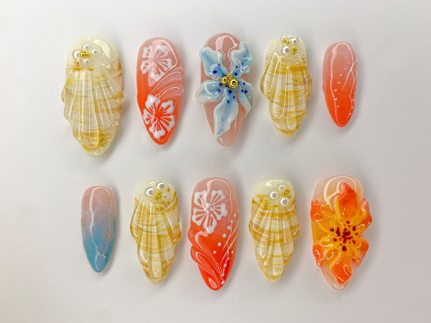 Ocean-Inspired 3D Press On Nails | Beach Theme with Seashells and Orchards | Handmade Press On Nails for Summer Vibes | J456SL