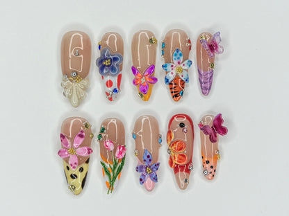 Colorful Flower Garden Press On Nails | Vibrant Bloom Fake Nails | Butterfly & Flower Nail Art | Floral Fantasy Acrylci Nails | J426Y