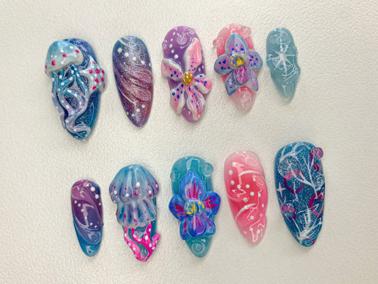 Ocean-Inspired 3D Press On Nails | 3D Jellyfish and Floral Art | Hand-Painted Underwater Press On Nails | Beautiful Ocean-Themed | J463SL