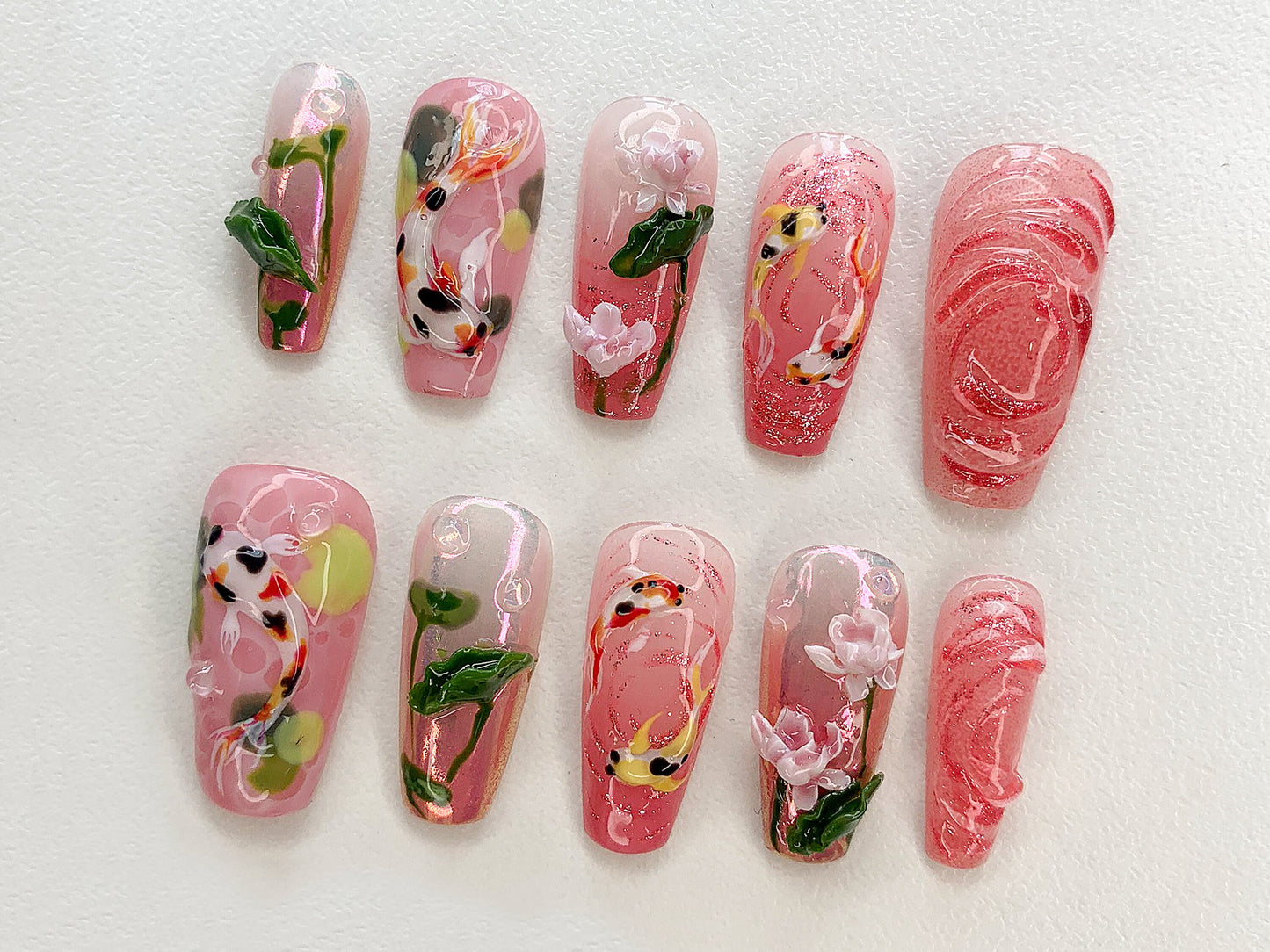 Koi Pond Bliss Press On Nails | Koi Floral Acrylic Nails | Serene Waters Nail Art | Blossoming Fake Nails | Pink Garden Koi Nails | J464AV