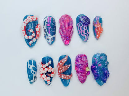 Ocean-Inspired 3D Press On Nails | 3D Jellyfish and Floral Art | Hand-Painted Underwater Press On Nails | Beautiful Ocean-Themed | J474SL