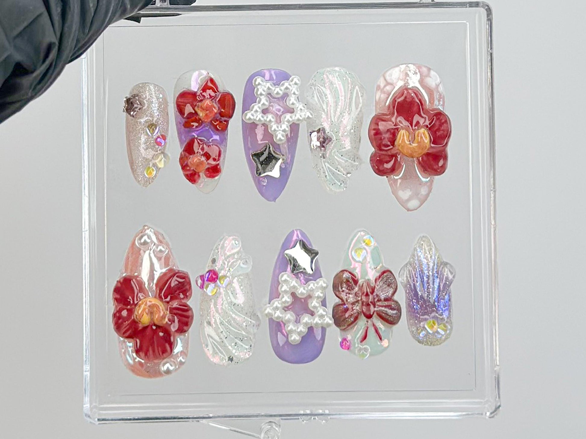 Orchid Blossom Press On Nails | Star beads and Butterfly Nail Art | press on nails almond | flower nails | Nail Charms | Press Ons |HD570S - DoryNail