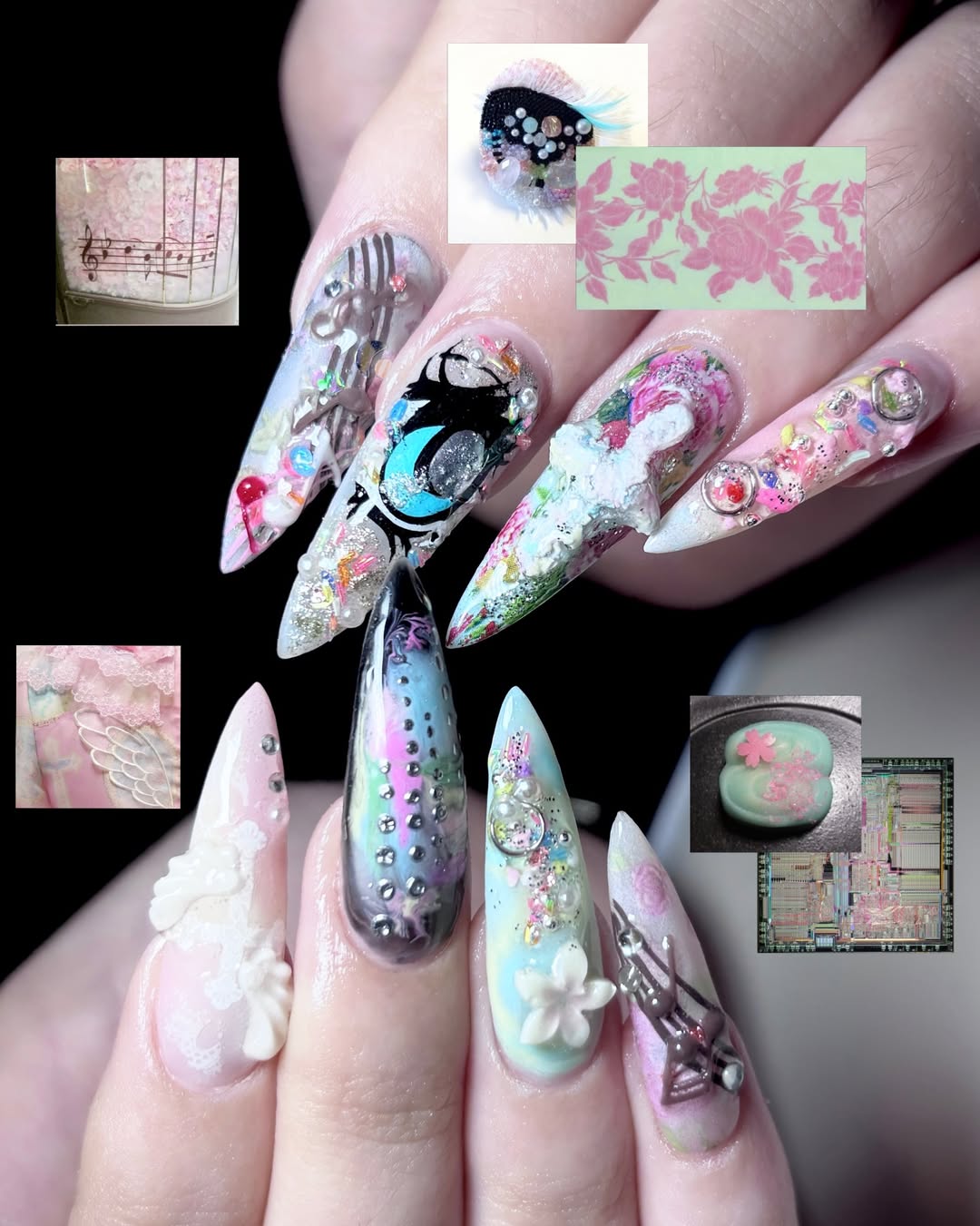 Zaddybigclaws Design - Cyberpunk Fantasy 3D Nails | Chrome & Crystal Mixed Media Press Ons | High-End Hand-Sculpted Nail Art