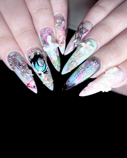 Zaddybigclaws Design - Cyberpunk Fantasy 3D Nails | Chrome & Crystal Mixed Media Press Ons | High-End Hand-Sculpted Nail Art