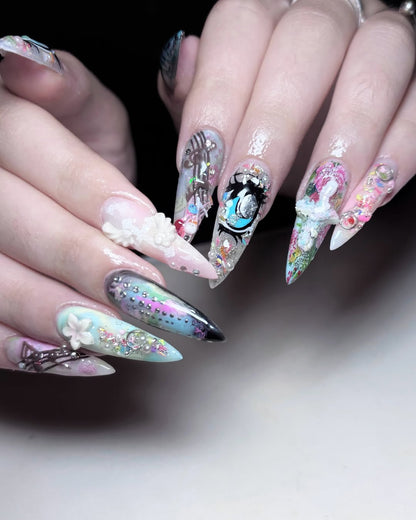 Zaddybigclaws Design - Cyberpunk Fantasy 3D Nails | Chrome & Crystal Mixed Media Press Ons | High-End Hand-Sculpted Nail Art