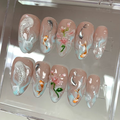 Koi Pond Bliss Press On Nails | Koi Floral Acrylic Nails | Serene Waters Nail Art | Blossoming Fake Nails | Zen Garden Koi Nails | HD479Y