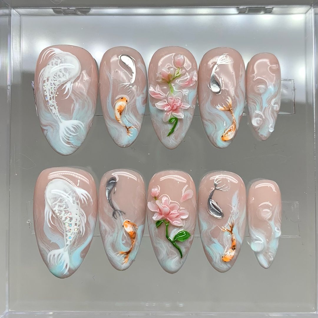 Koi Pond Bliss Press On Nails | Koi Floral Acrylic Nails | Serene Waters Nail Art | Blossoming Fake Nails | Zen Garden Koi Nails | HD479Y