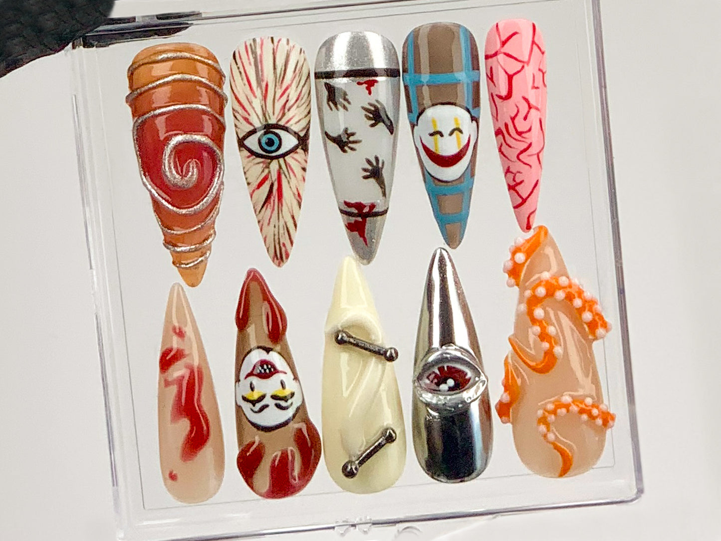 Haunted Carnival Halloween Press On Nails | Spooky Horror Nail Art | Horror-Themed Press Ons | Clown, Tentacle And Eye Fake Nails | HD580Y