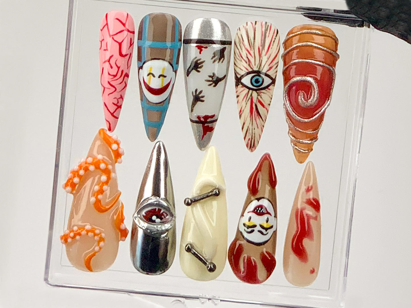 Haunted Carnival Halloween Press On Nails | Spooky Horror Nail Art | Horror-Themed Press Ons | Clown, Tentacle And Eye Fake Nails | HD580Y