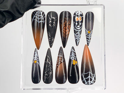 Gothic Halloween Press On Nails | lack Spider And Web Design Acrylic Nails | Spooky Chic Nail Art | Scary Glam Fake Nails | Custom | HD579Y