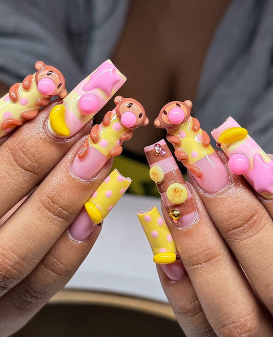 3D Monkey & Banana Kawaii Press On Nails by Faithsfullsets | Pink & Yellow Bubblegum Nails | OA09LF