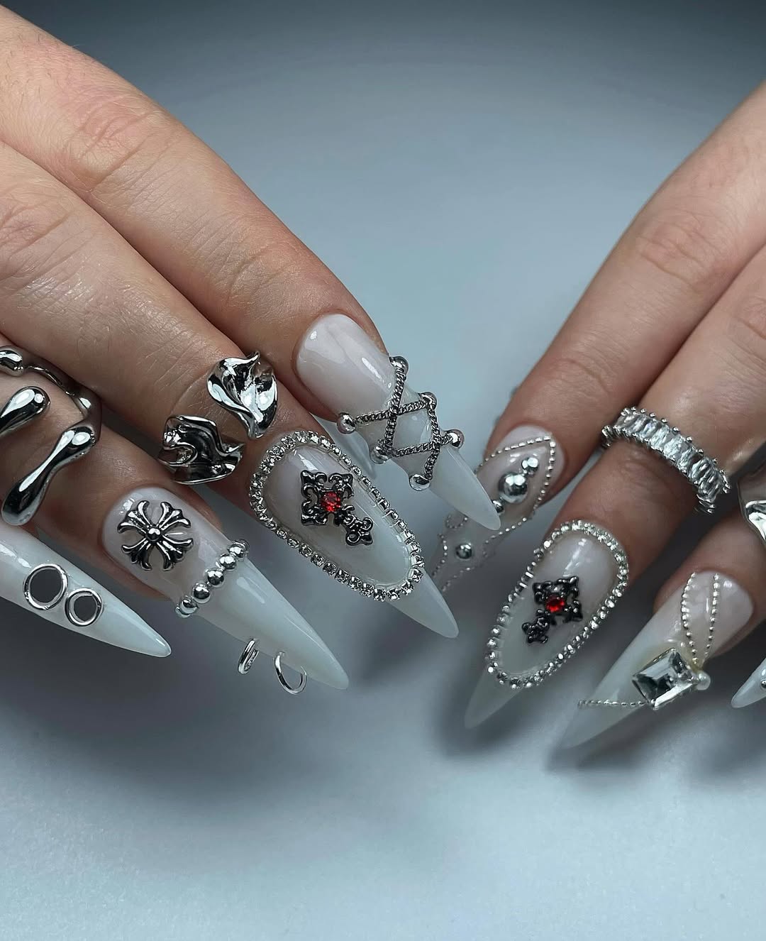 Gothic Press On Nails by jnvdnailz | Chrome Hearts Style Cross Nails | Milky White Long Stiletto Nails | Punk Rock Edgy Fake Nails | OB03J