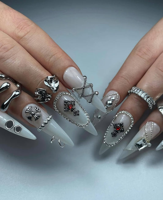 Gothic Press On Nails by jnvdnailz | Chrome Hearts Style Cross Nails | Milky White Long Stiletto Nails | Punk Rock Edgy Fake Nails | OB03J