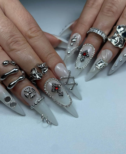 Gothic Press On Nails by jnvdnailz | Chrome Hearts Style Cross Nails | Milky White Long Stiletto Nails | Punk Rock Edgy Fake Nails | OB03J