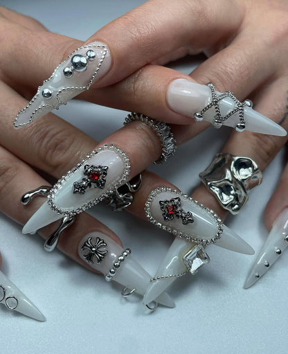 Gothic Press On Nails by jnvdnailz | Chrome Hearts Style Cross Nails | Milky White Long Stiletto Nails | Punk Rock Edgy Fake Nails | OB03J