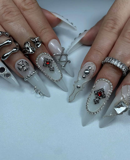 Gothic Press On Nails by jnvdnailz | Chrome Hearts Style Cross Nails | Milky White Long Stiletto Nails | Punk Rock Edgy Fake Nails | OB03J