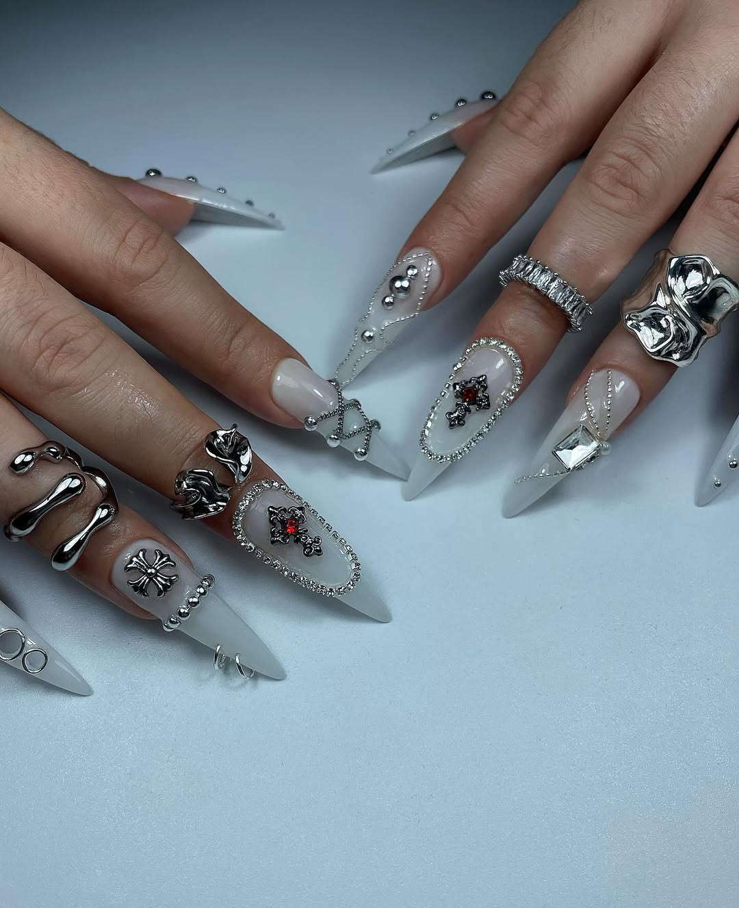 Gothic Press On Nails by jnvdnailz | Chrome Hearts Style Cross Nails | Milky White Long Stiletto Nails | Punk Rock Edgy Fake Nails | OB03J