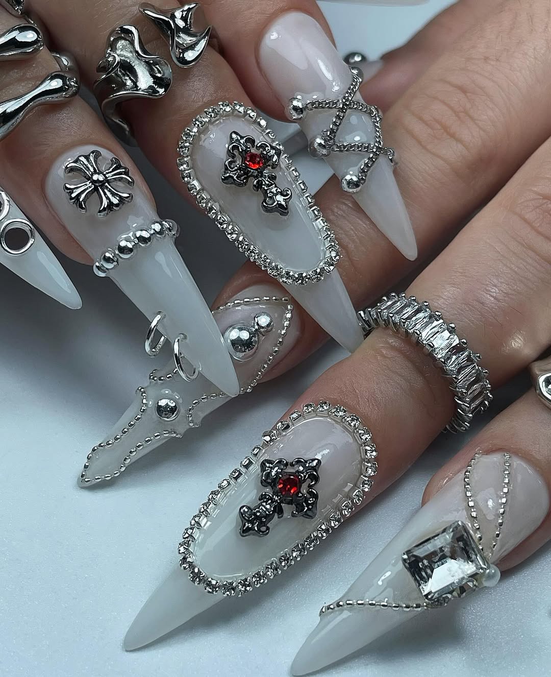 Gothic Press On Nails by jnvdnailz | Chrome Hearts Style Cross Nails | Milky White Long Stiletto Nails | Punk Rock Edgy Fake Nails | OB03J