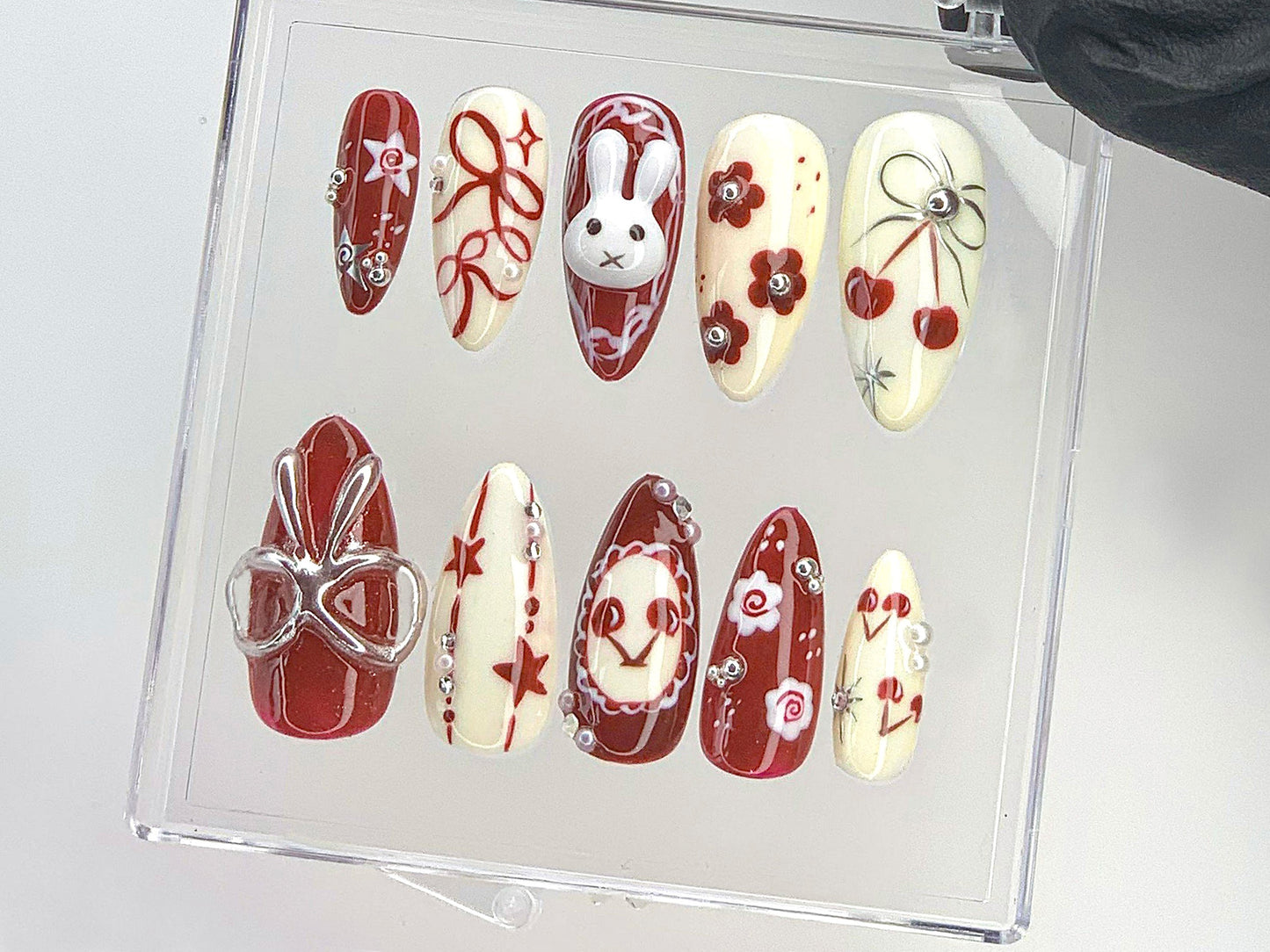 Adorable 3D Bunny Press On Nails | Hand-Painted Kawaii Bunny And Bow Acrylic Nails | Cherry Blossom Nail Art | Cute Kawaii Nails | HD537Y