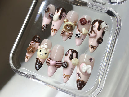 Cute Dessert Press On Nails | 3D Sweets And Bear Designs with Bow Fake Nails | 3D Chocolate, Candy Acrylic Nails | Kawaii Nails | HD549Y