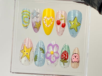 Colorful Kawaii Y2K Press On Nails | 3D Star And Cartoon Designs Acrylic Nails | Fun And Funky Y2K Press Ons |Sparkling Glitter Nails|HD588Y