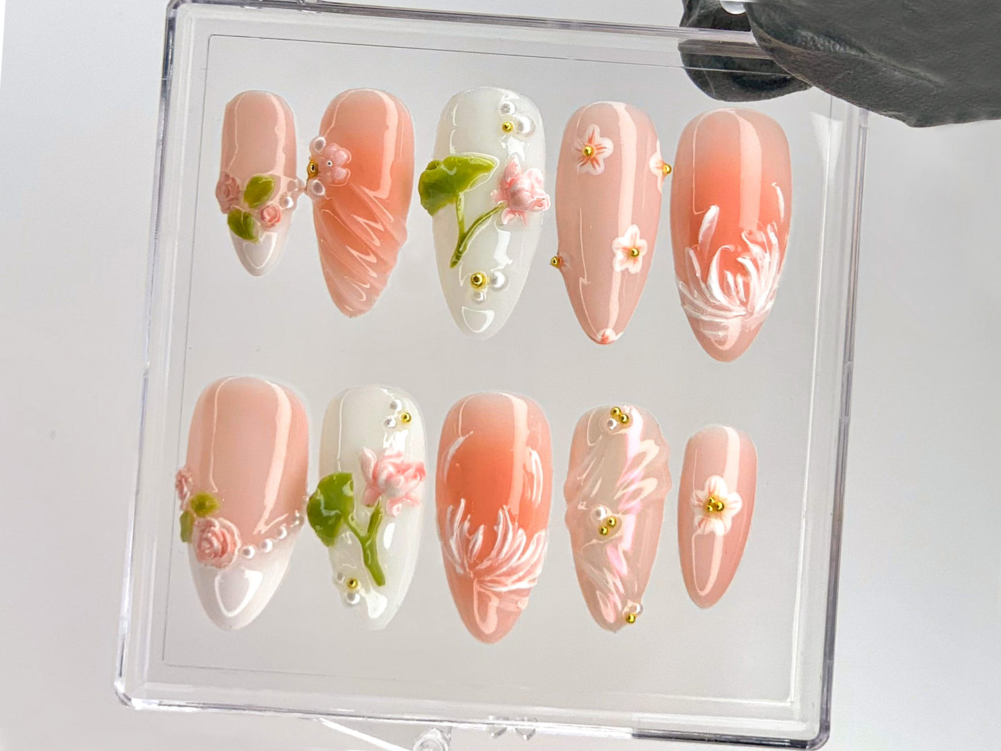 Sophisticated Lotus Flower Press On Nails |  3D Pink and White Lotus Acrylic Nails | Handcrafted Lotus Blossom Nail Art | Soft Nail |HD545YL