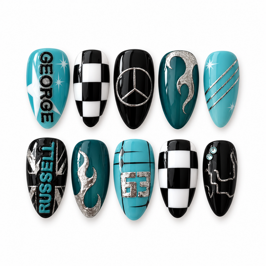 F1 Inspired Racing Press On Nails, Blue Black Checkered Flag Nail Art, Silver Chrome Details, Motorsport Gift for Race Day | OB709L