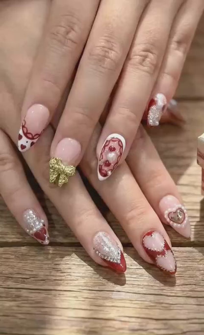Press On Nails Adhesive Tabs – Nude Red Heart & Glitter Bow Design Long Almond Handmade Fake Nails for Valentine Gift